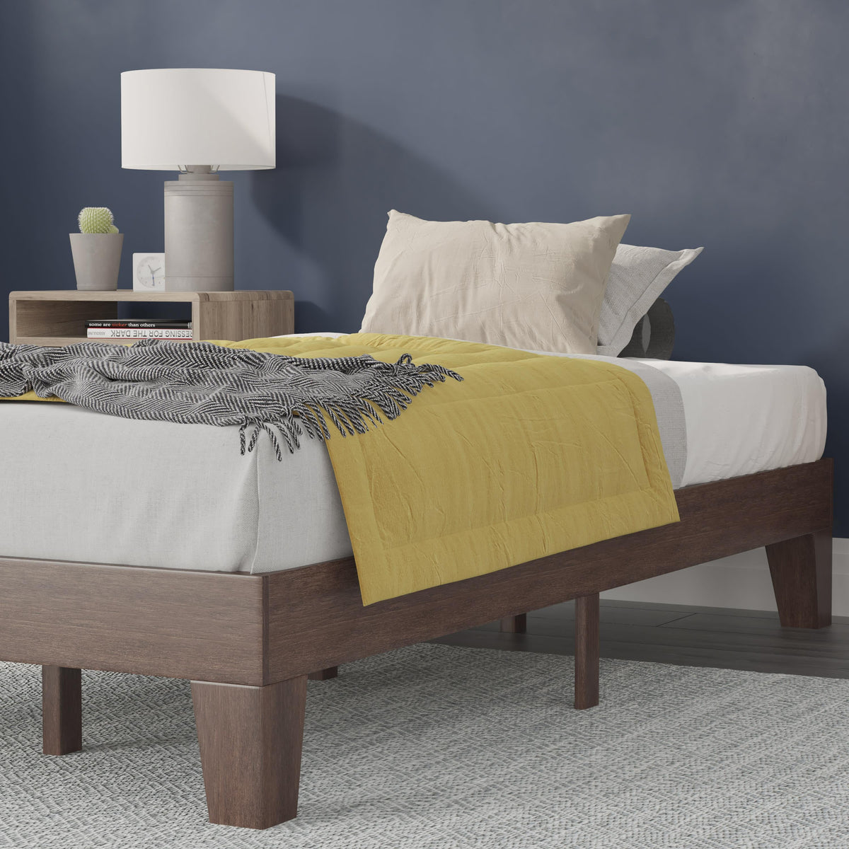 Walnut,Twin |#| Wood Platform Bed with 14 Wooden Support Slats in Walnut - Twin
