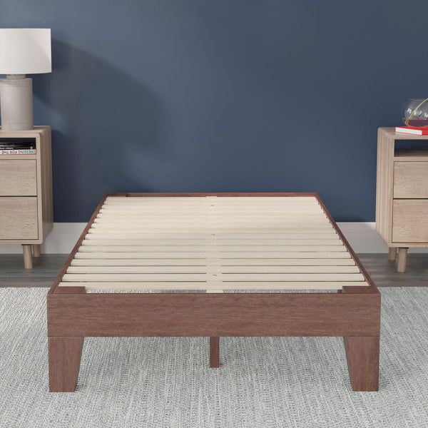 Walnut,Twin |#| Wood Platform Bed with 14 Wooden Support Slats in Walnut - Twin
