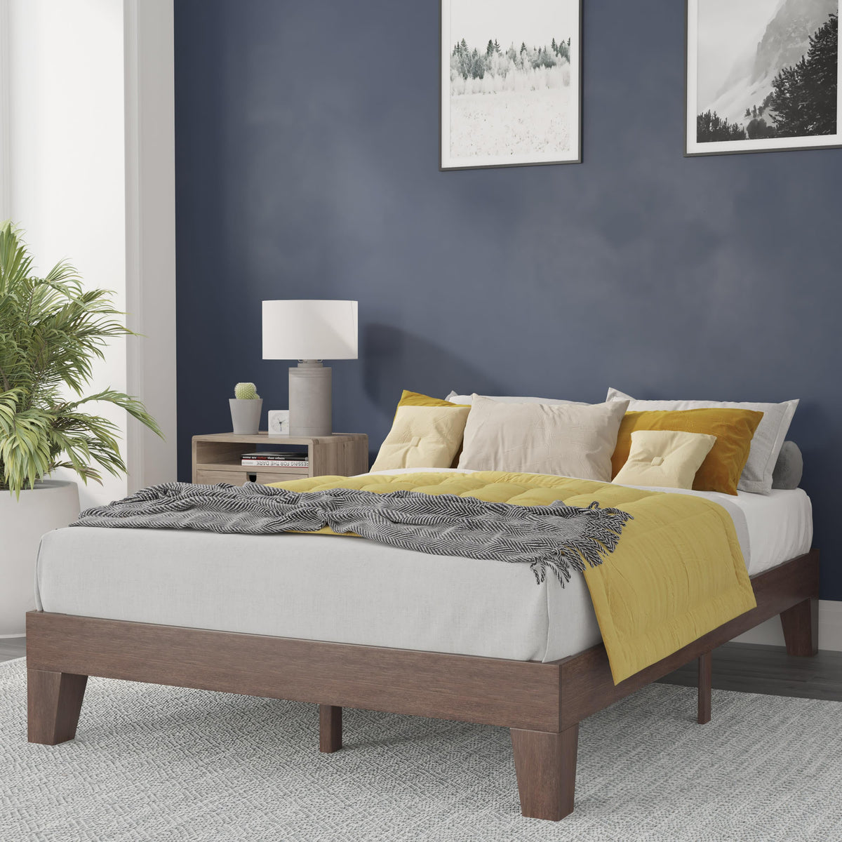 Walnut,Full |#| Wood Platform Bed with 14 Wooden Support Slats in Walnut - Full