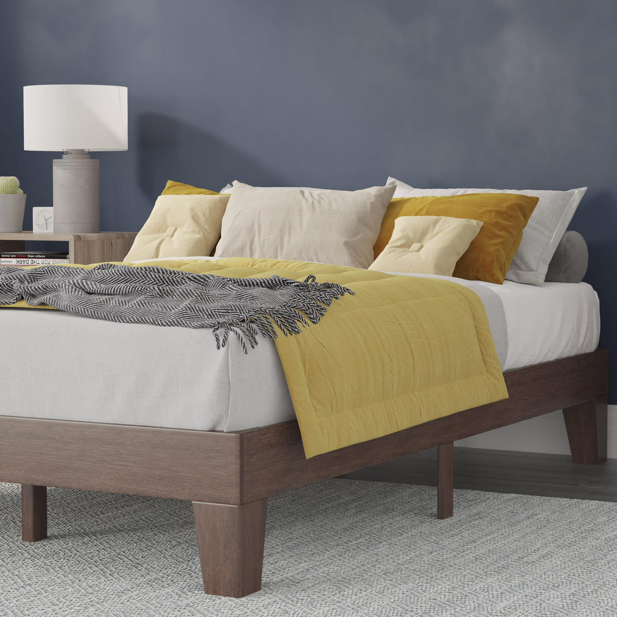 Walnut,Full |#| Wood Platform Bed with 14 Wooden Support Slats in Walnut - Full