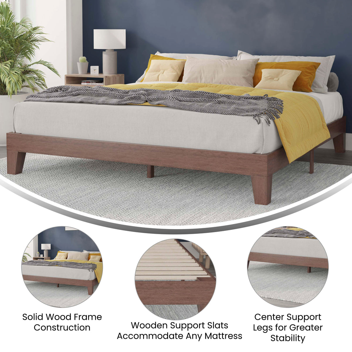 Walnut,King |#| Wood Platform Bed with 14 Wooden Support Slats in Walnut - King