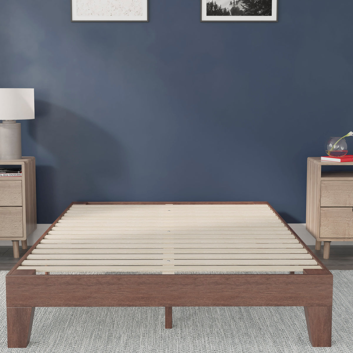 Walnut,Full |#| Wood Platform Bed with 14 Wooden Support Slats in Walnut - Full