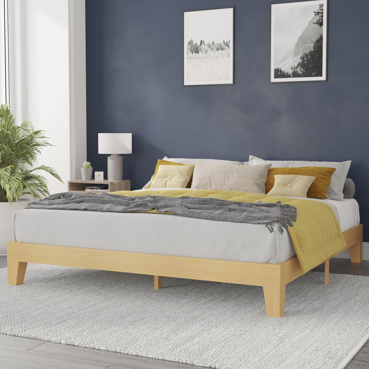 Natural,King |#| Wood Platform Bed with 14 Wooden Support Slats in Natural Pine - King