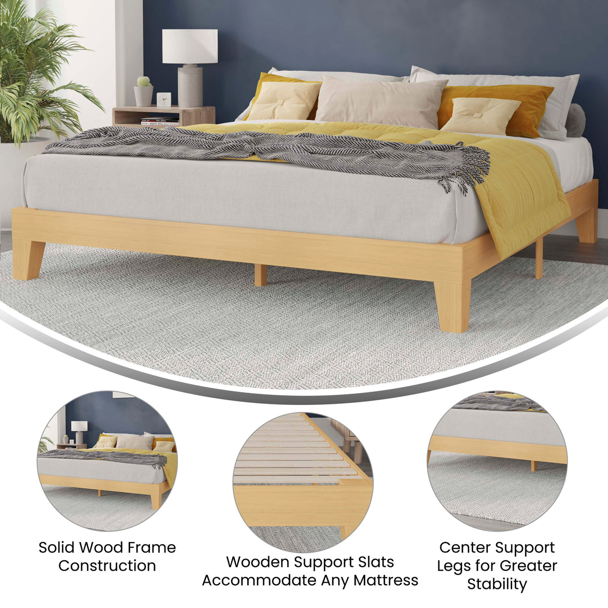 Natural,King |#| Wood Platform Bed with 14 Wooden Support Slats in Natural Pine - King