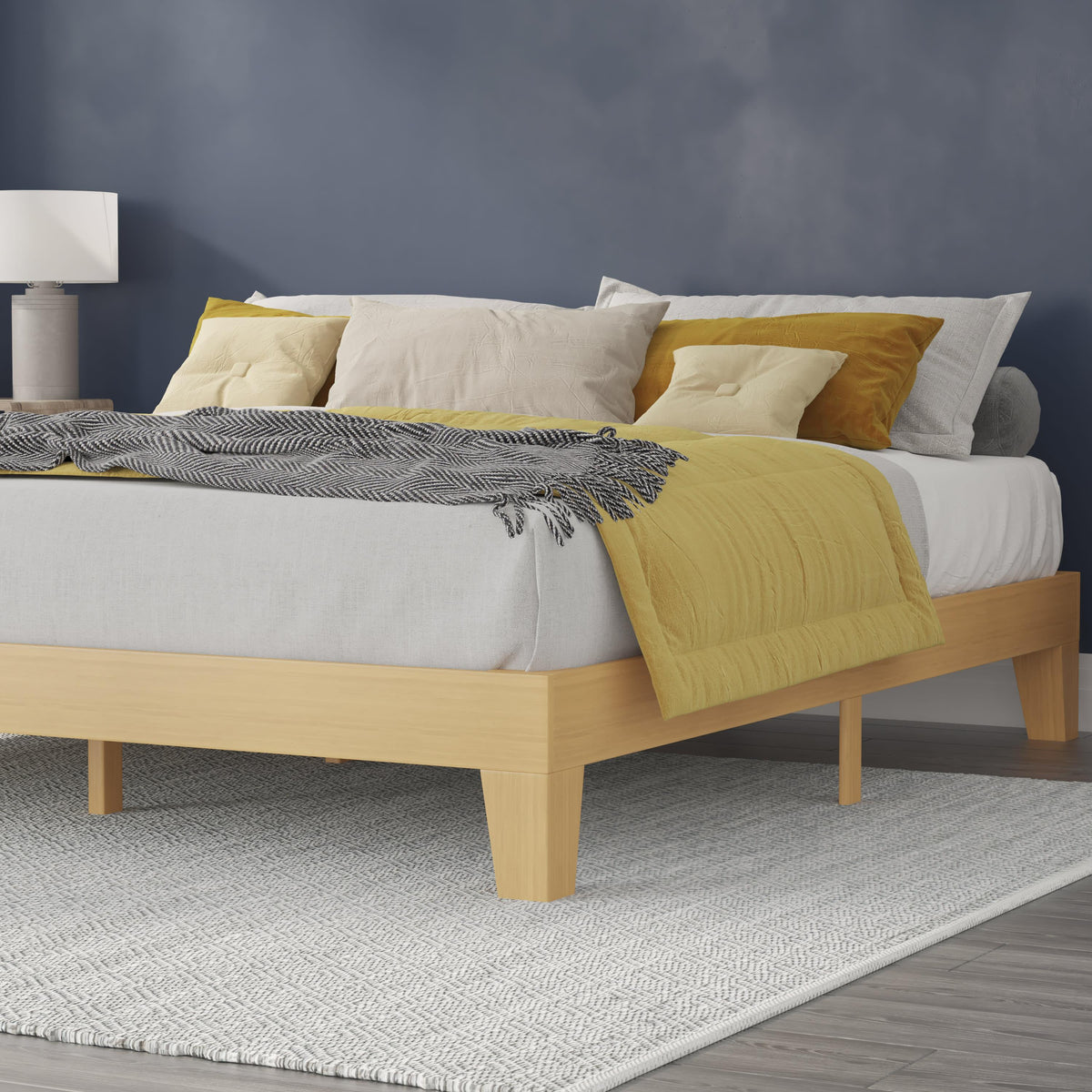 Natural,King |#| Wood Platform Bed with 14 Wooden Support Slats in Natural Pine - King