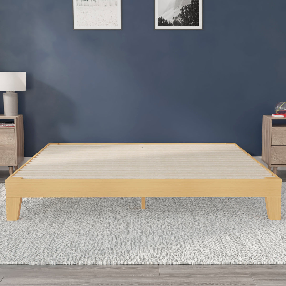 Natural,King |#| Wood Platform Bed with 14 Wooden Support Slats in Natural Pine - King