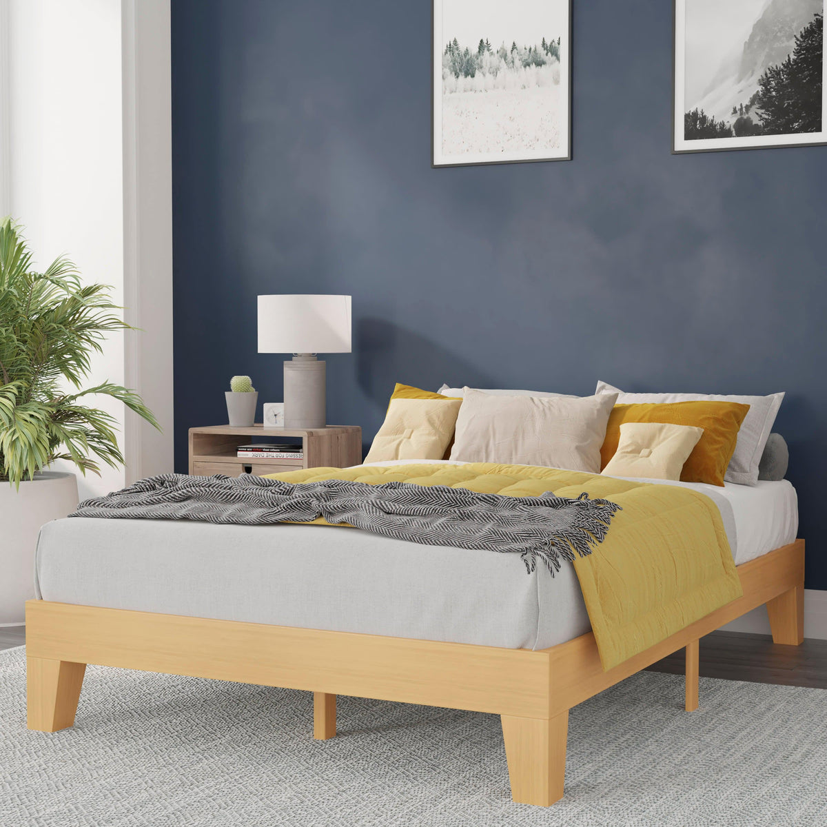 Natural,Full |#| Wood Platform Bed with 14 Wooden Support Slats in Natural Pine - Full