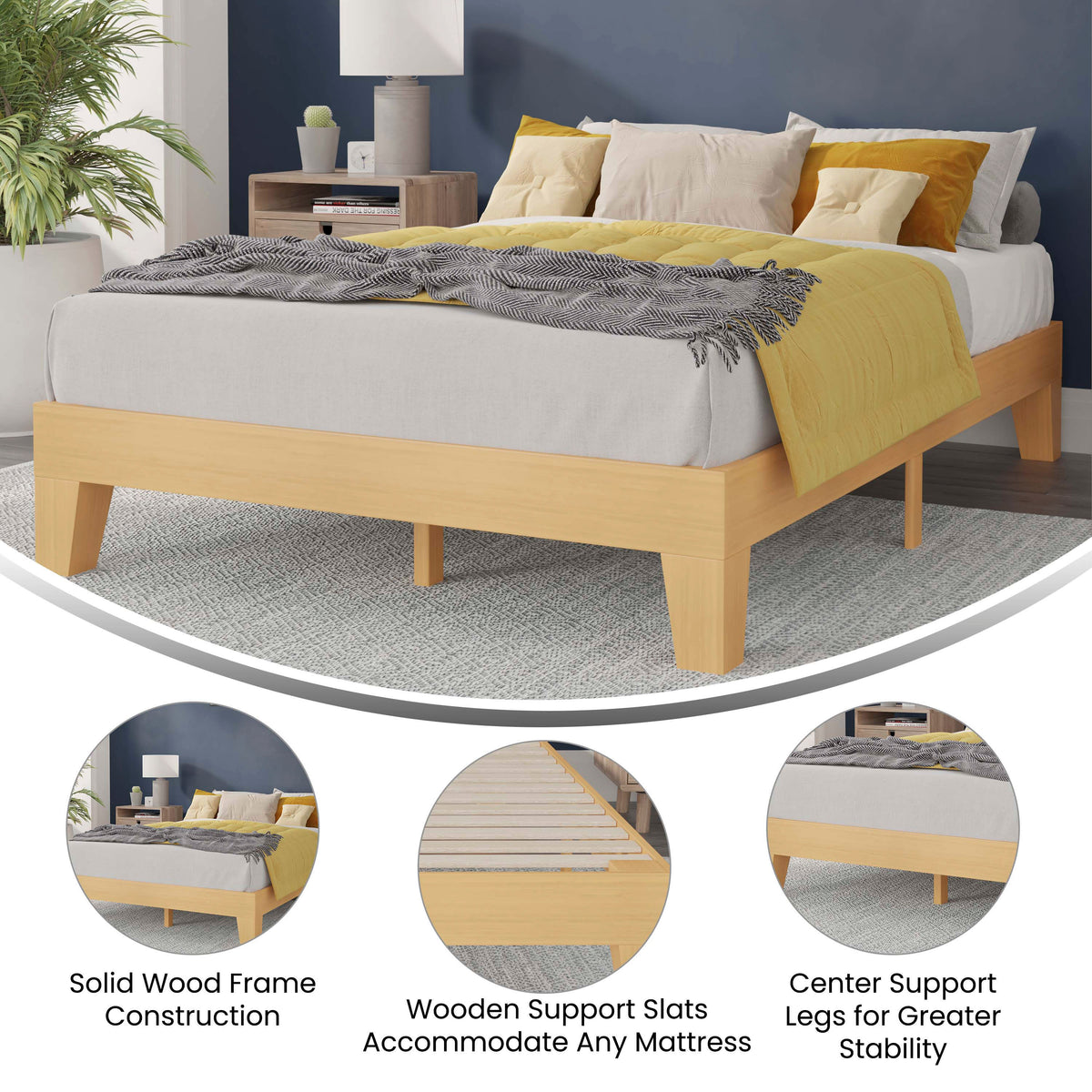 Natural,Full |#| Wood Platform Bed with 14 Wooden Support Slats in Natural Pine - Full