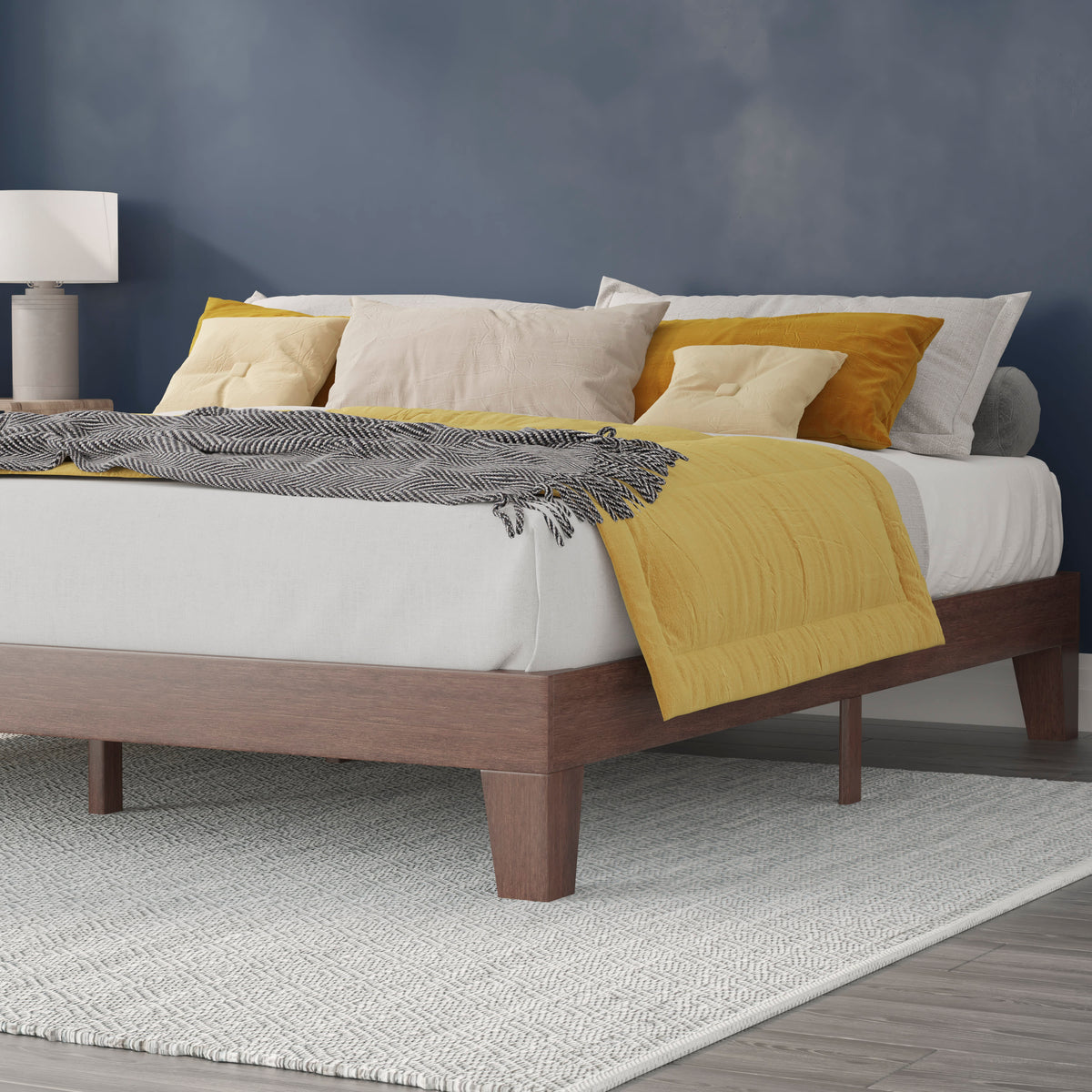Walnut,King |#| Wood Platform Bed with 14 Wooden Support Slats in Walnut - King