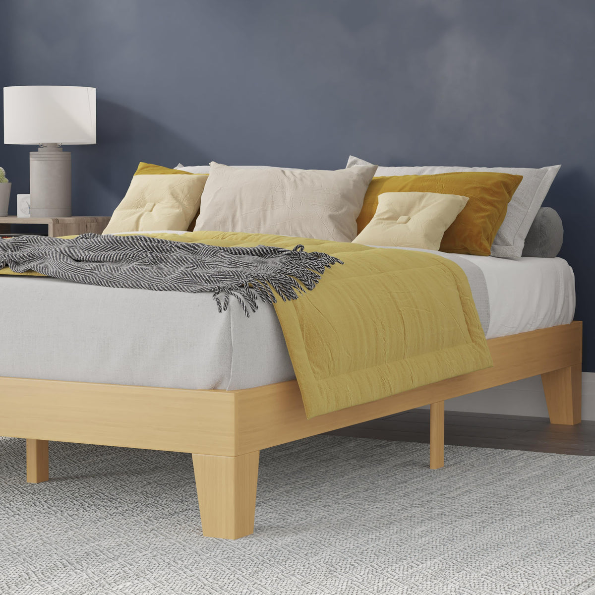 Natural,Full |#| Wood Platform Bed with 14 Wooden Support Slats in Natural Pine - Full