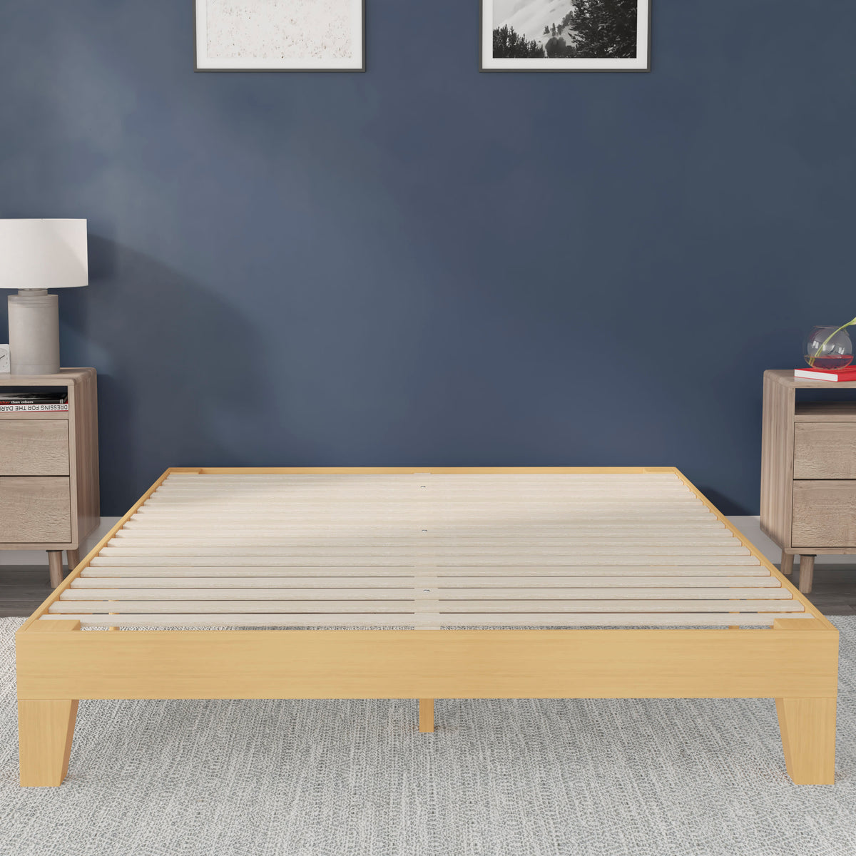 Natural,Full |#| Wood Platform Bed with 14 Wooden Support Slats in Natural Pine - Full