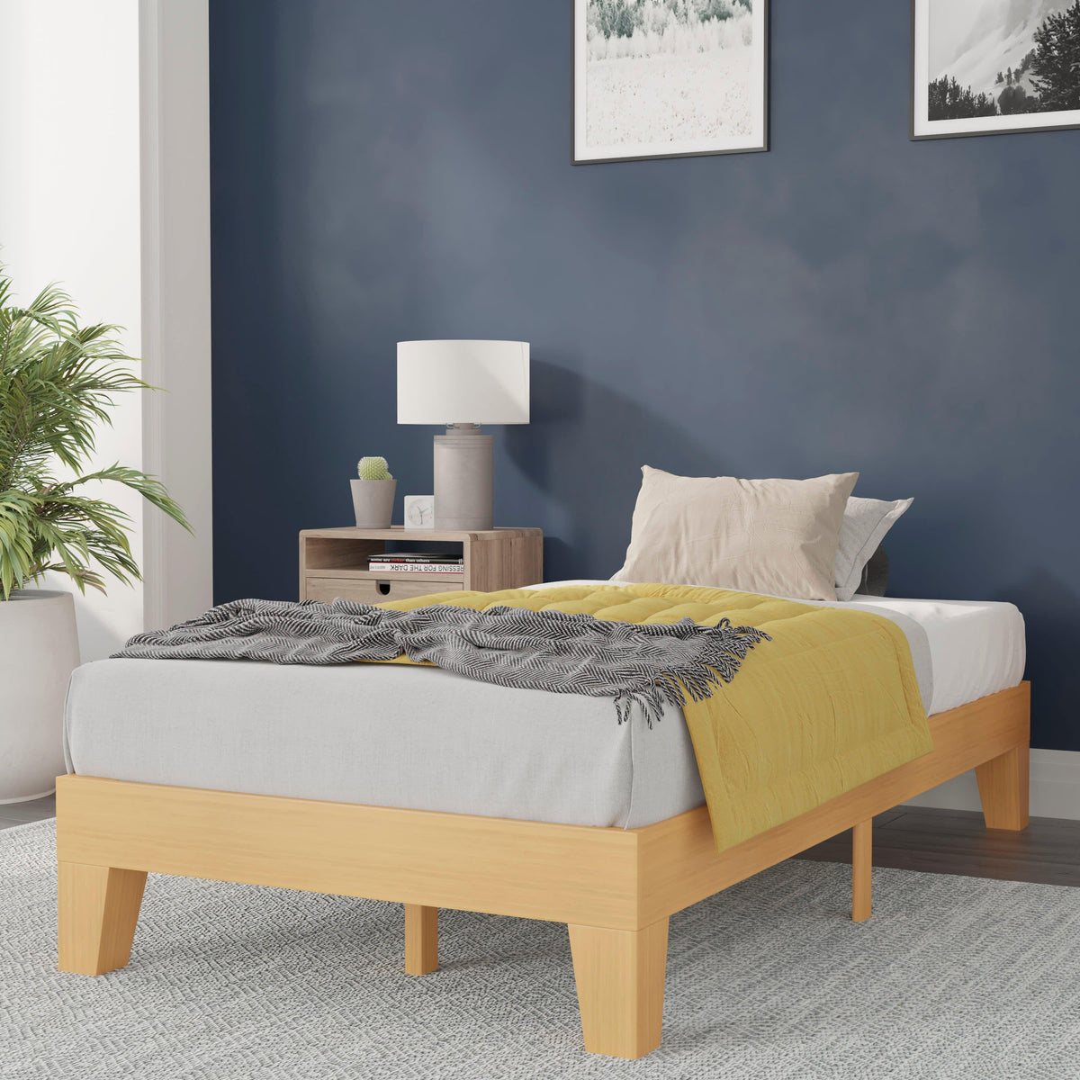 Natural,Twin |#| Wood Platform Bed with 14 Wooden Support Slats in Natural Pine - Twin