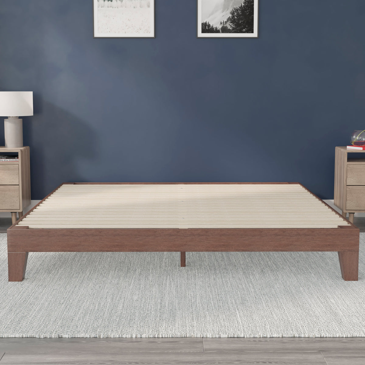 Walnut,King |#| Wood Platform Bed with 14 Wooden Support Slats in Walnut - King