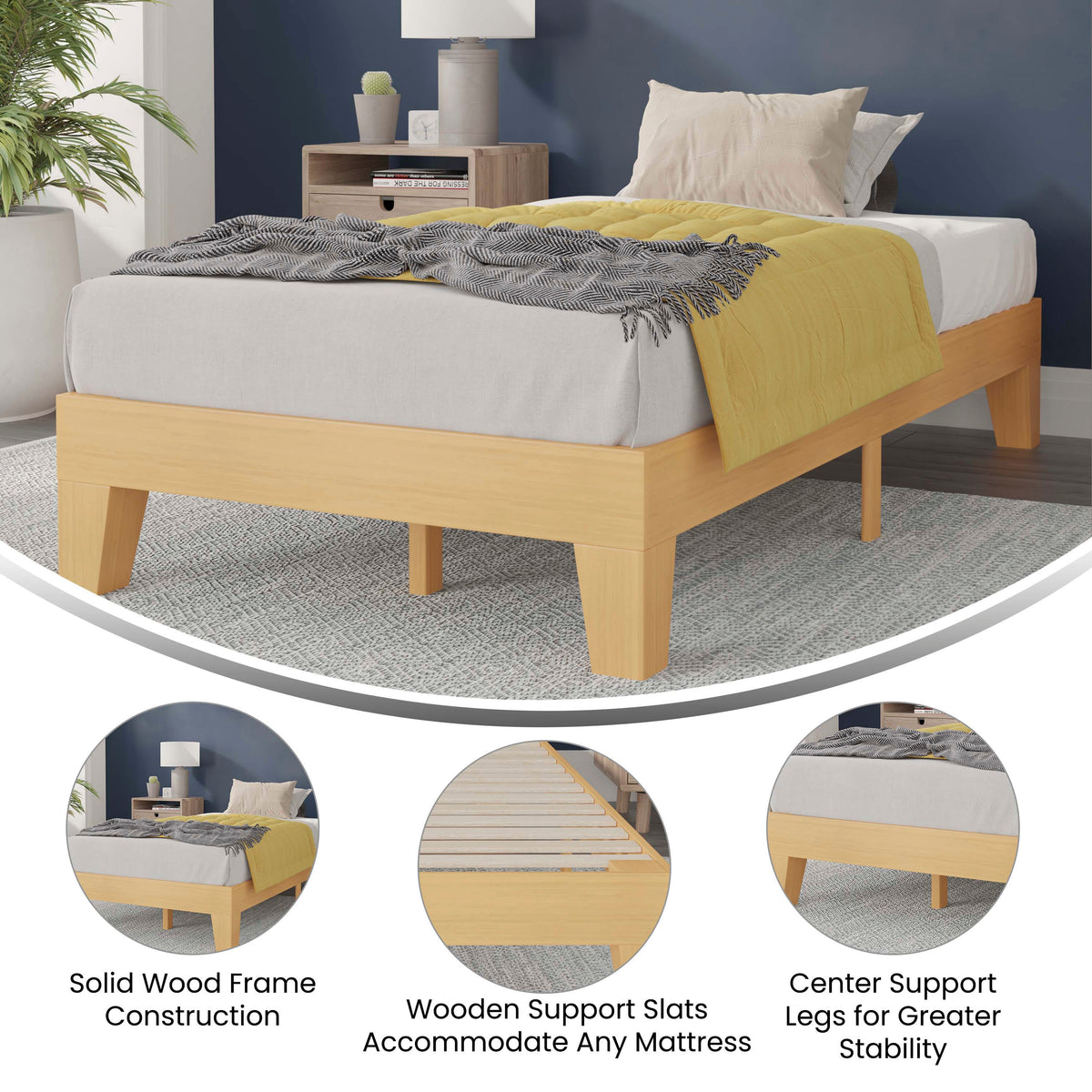 Natural,Twin |#| Wood Platform Bed with 14 Wooden Support Slats in Natural Pine - Twin