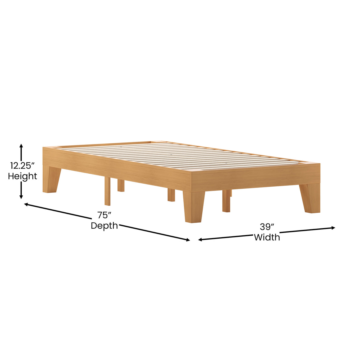 Natural,Twin |#| Wood Platform Bed with 14 Wooden Support Slats in Natural Pine - Twin