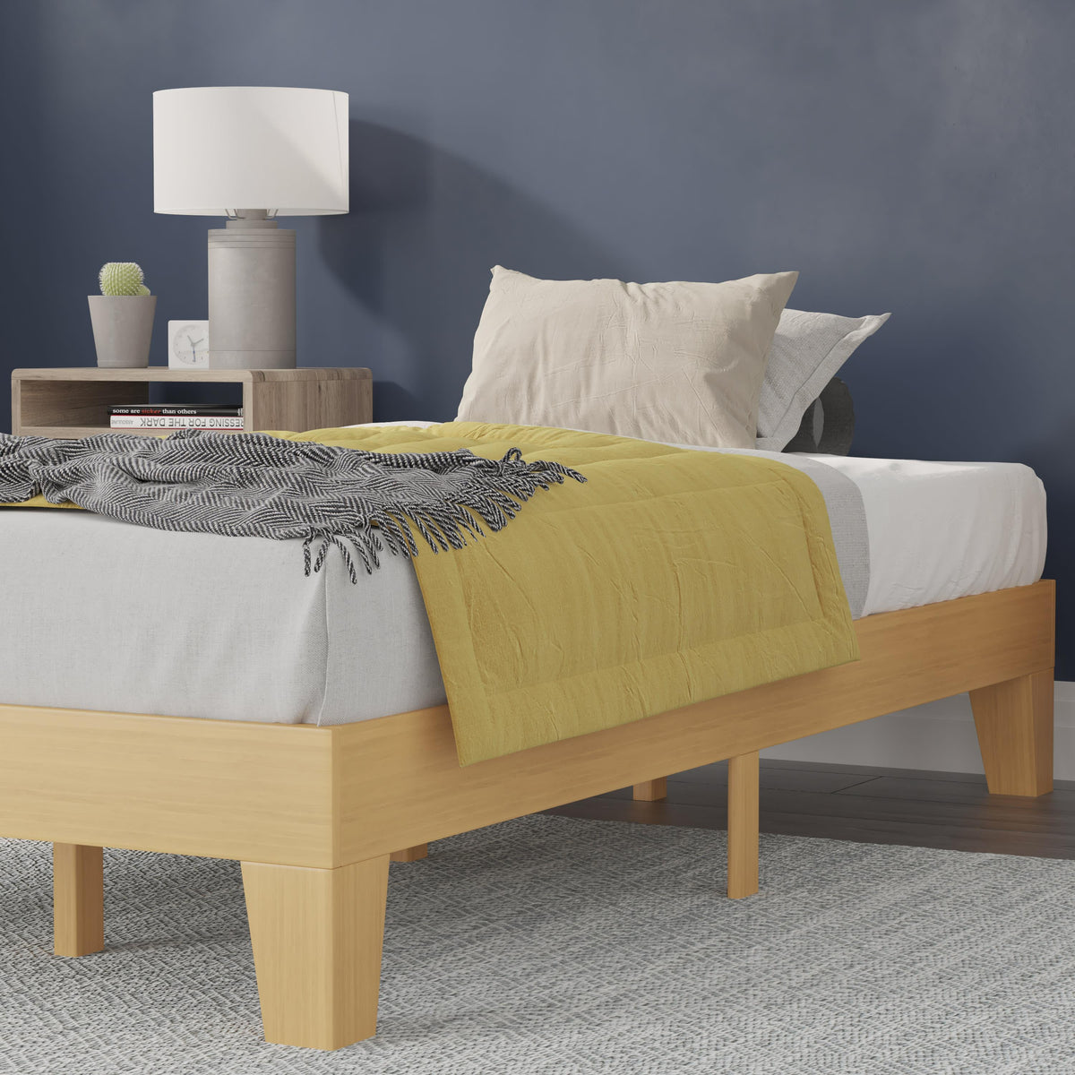 Natural,Twin |#| Wood Platform Bed with 14 Wooden Support Slats in Natural Pine - Twin
