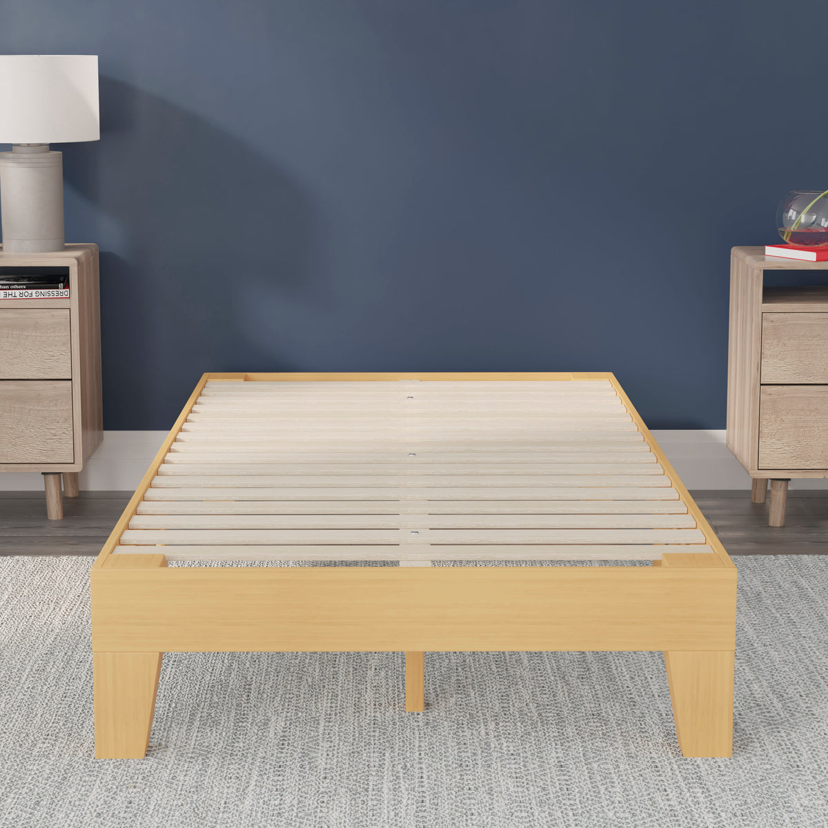 Natural,Twin |#| Wood Platform Bed with 14 Wooden Support Slats in Natural Pine - Twin