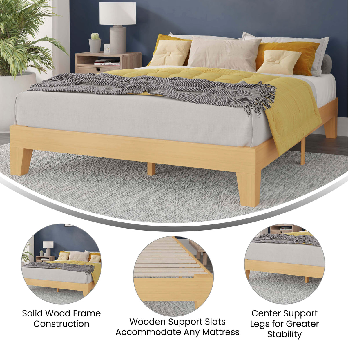 Natural,Queen |#| Wood Platform Bed with 14 Wooden Support Slats in Natural Pine - Queen