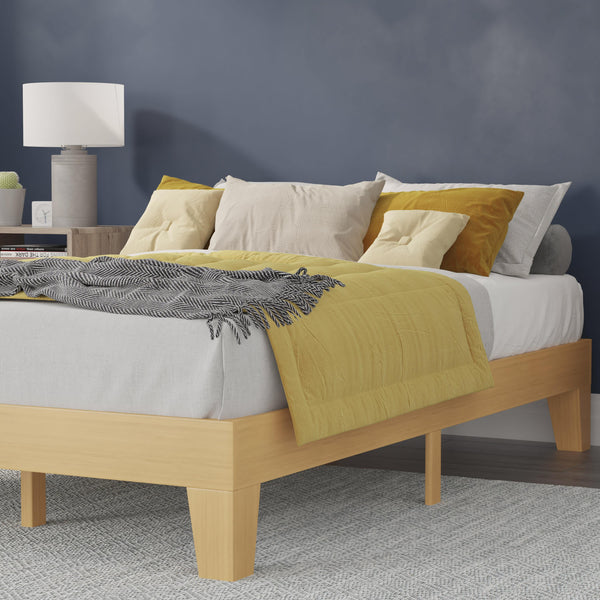 Natural,Queen |#| Wood Platform Bed with 14 Wooden Support Slats in Natural Pine - Queen