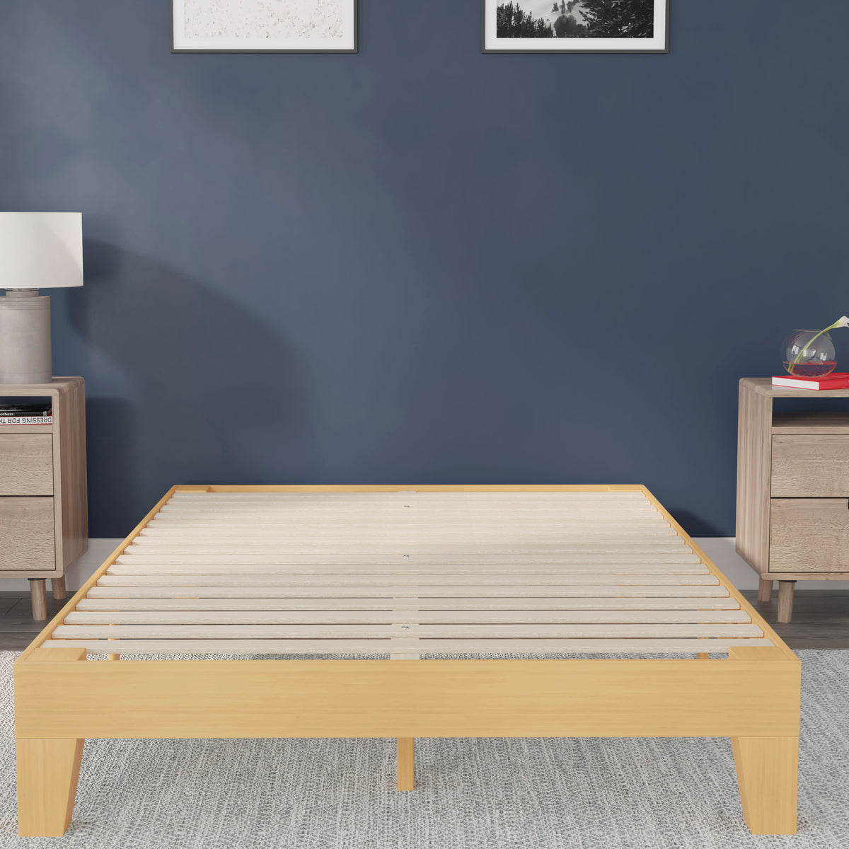 Natural,Queen |#| Wood Platform Bed with 14 Wooden Support Slats in Natural Pine - Queen