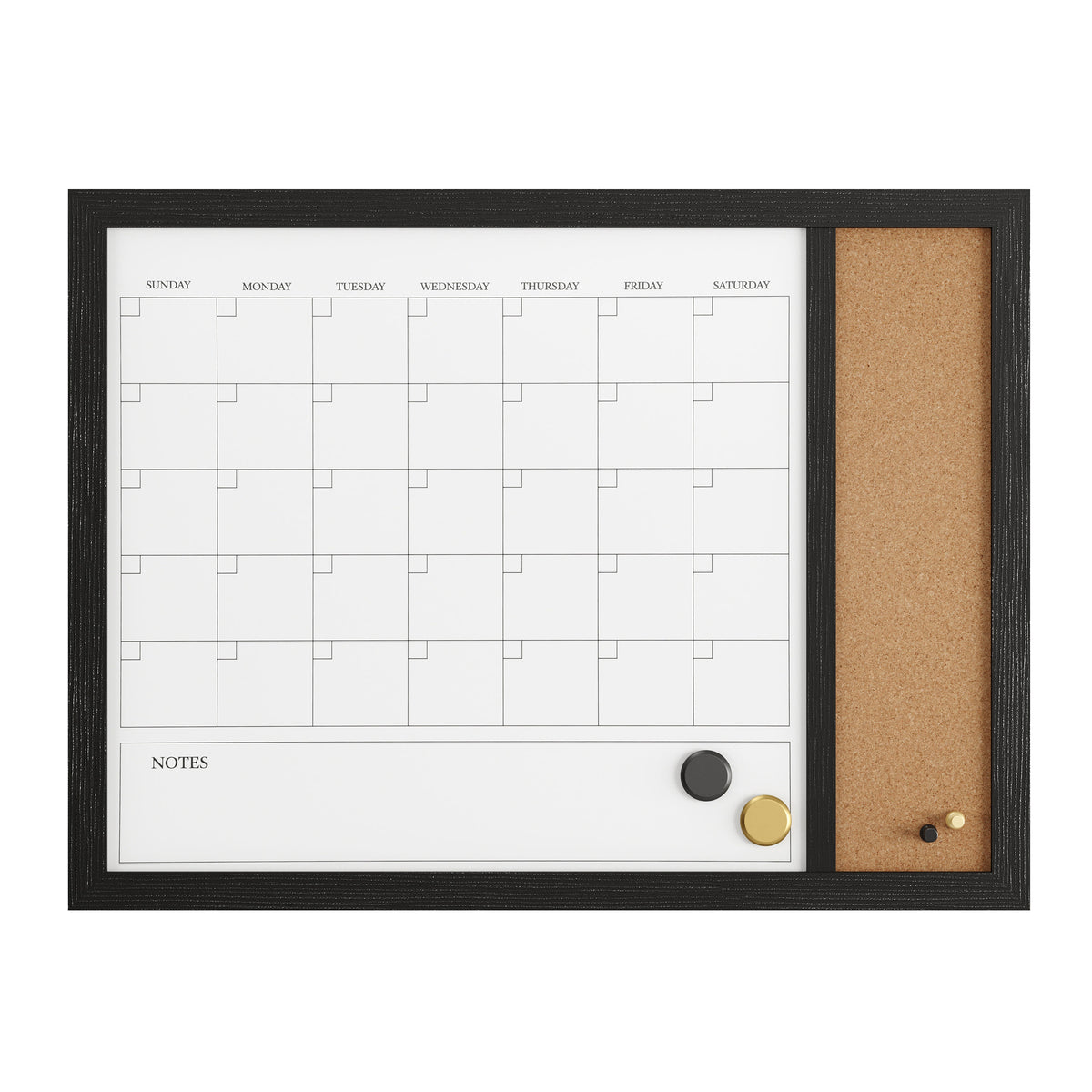 Black Woodgrain |#| Dry Erase Magnetic Monthly Calendar/Cork Board - Black Woodgrain Frame - 24x18