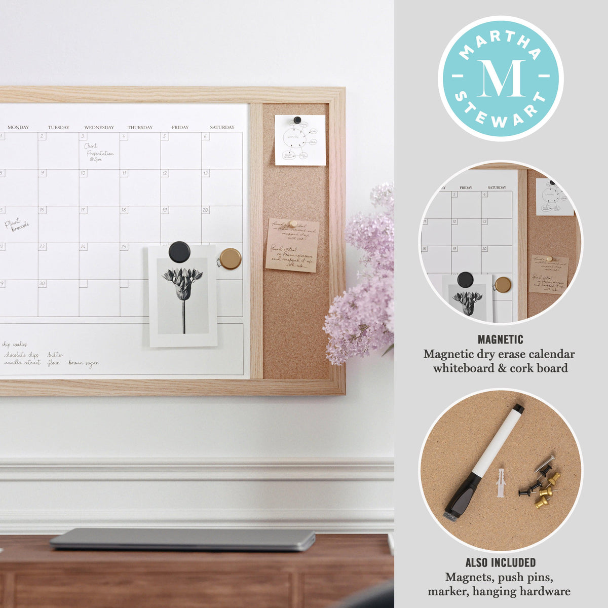 Light Natural Woodgrain |#| Dry Erase Magnetic Monthly Calendar/Cork Board-Lt Natural Woodgrain Frame-24x18