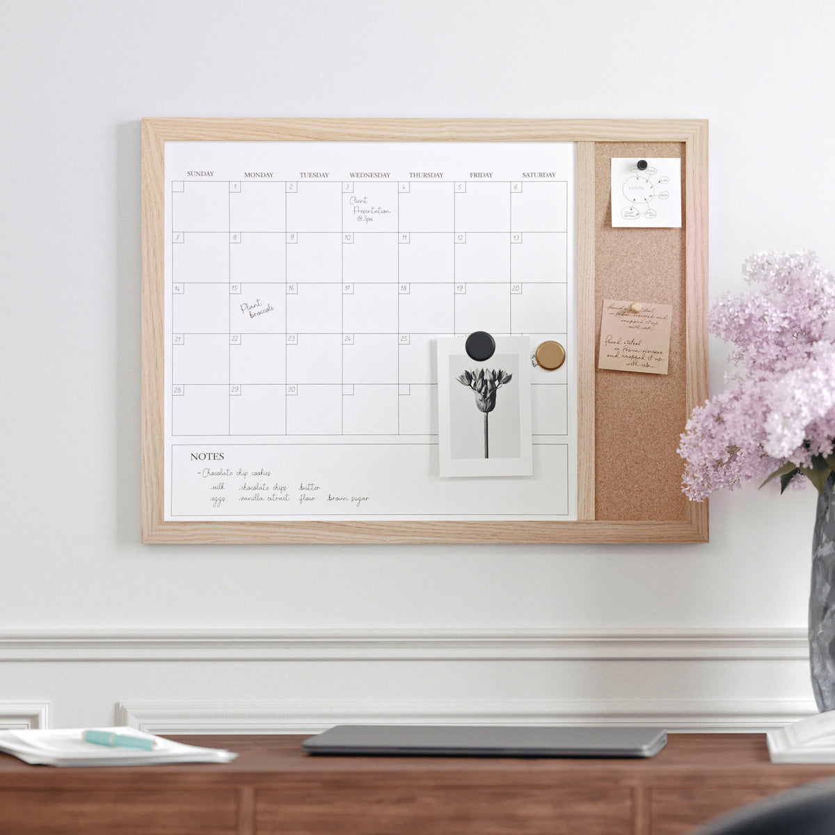 Light Natural Woodgrain |#| Dry Erase Magnetic Monthly Calendar/Cork Board-Lt Natural Woodgrain Frame-24x18