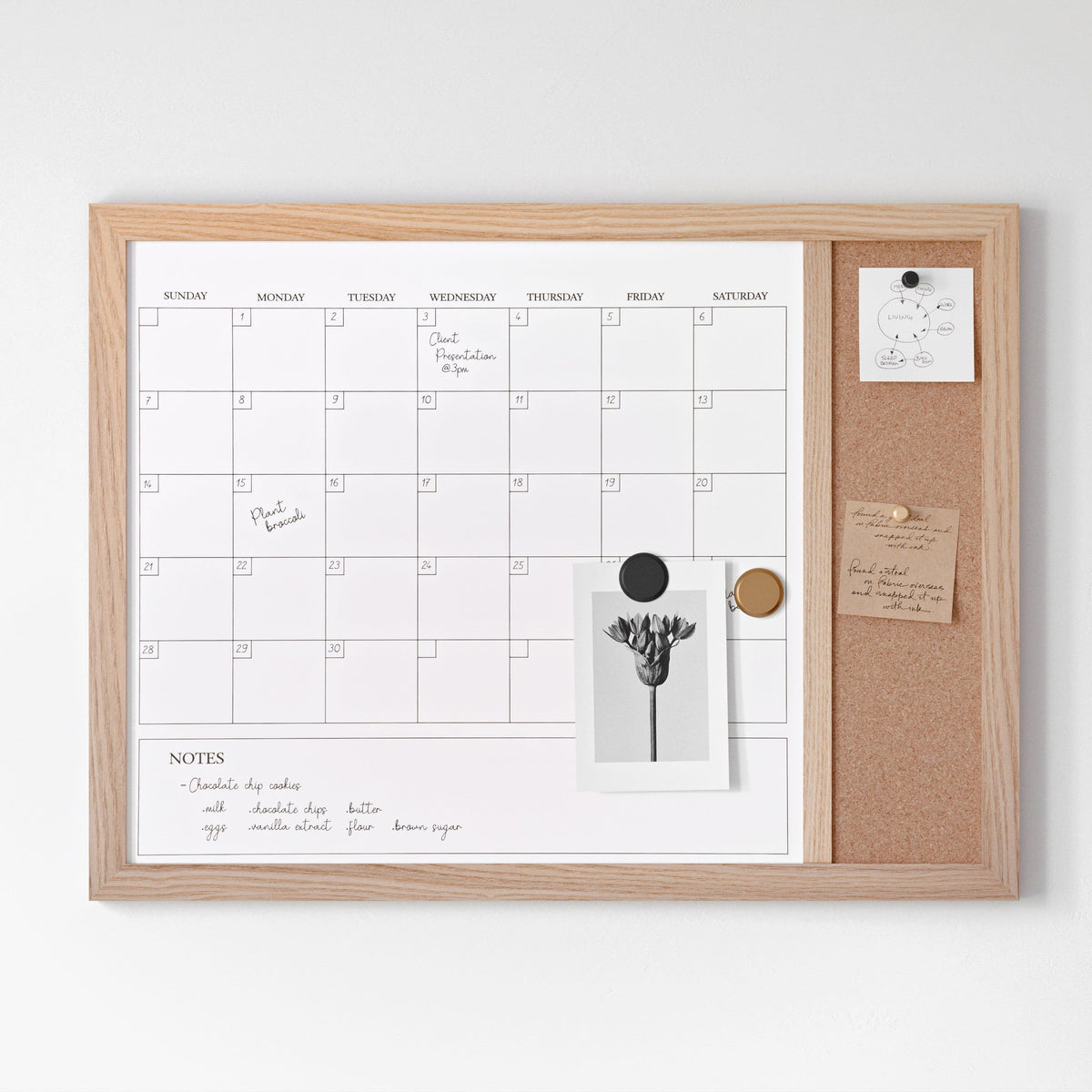 Light Natural Woodgrain |#| Dry Erase Magnetic Monthly Calendar/Cork Board-Lt Natural Woodgrain Frame-24x18