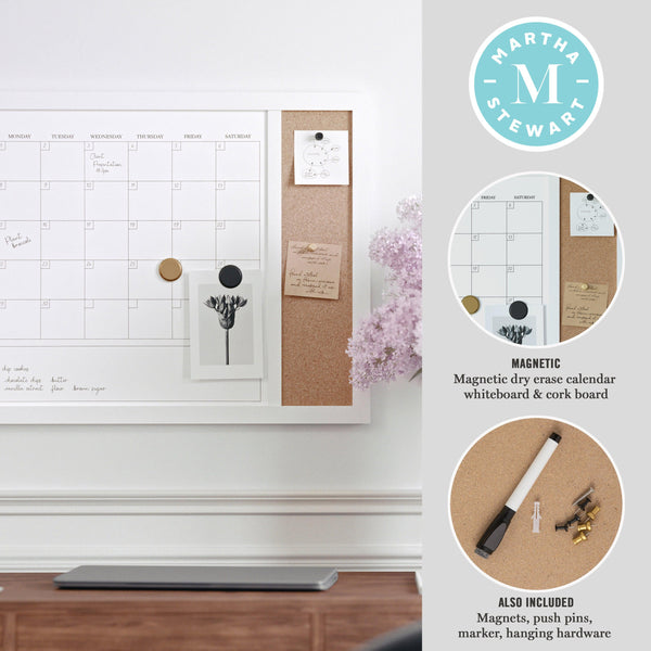 White Woodgrain |#| Dry Erase Magnetic Monthly Calendar/Cork Board - White Woodgrain Frame - 24x18