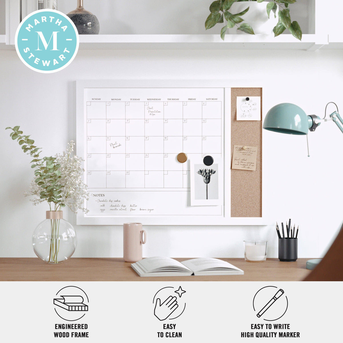 White Woodgrain |#| Dry Erase Magnetic Monthly Calendar/Cork Board - White Woodgrain Frame - 24x18