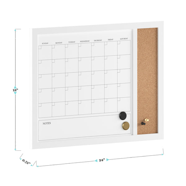 White Woodgrain |#| Dry Erase Magnetic Monthly Calendar/Cork Board - White Woodgrain Frame - 24x18