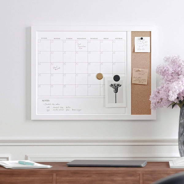 White Woodgrain |#| Dry Erase Magnetic Monthly Calendar/Cork Board - White Woodgrain Frame - 24x18