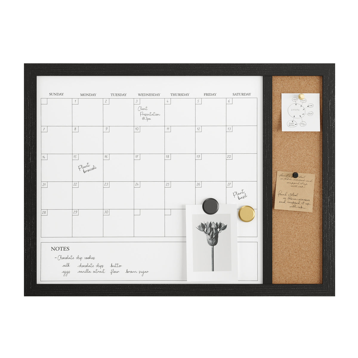 Black Woodgrain |#| Dry Erase Magnetic Monthly Calendar/Cork Board - Black Woodgrain Frame - 24x18