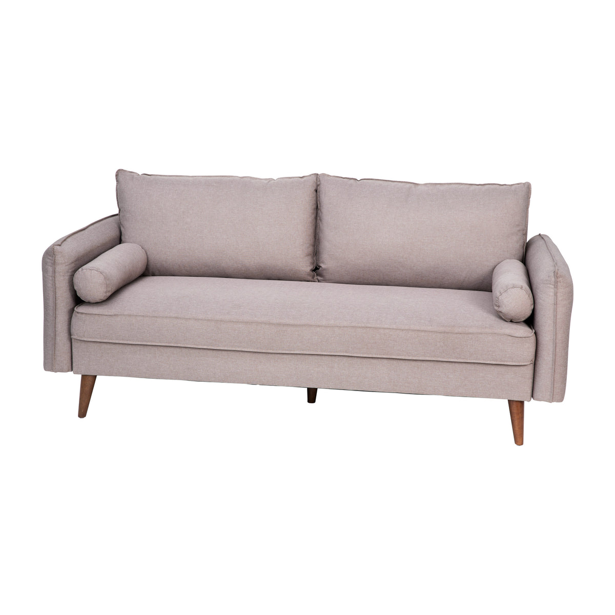 Taupe |#| Compact Taupe Faux Linen Upholstered Sofa with Wooden Legs