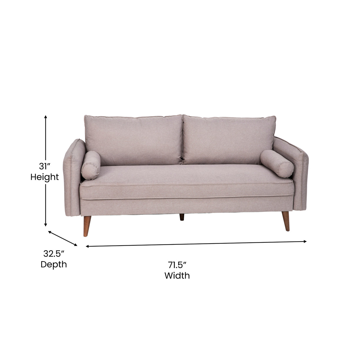 Taupe |#| Compact Taupe Faux Linen Upholstered Sofa with Wooden Legs