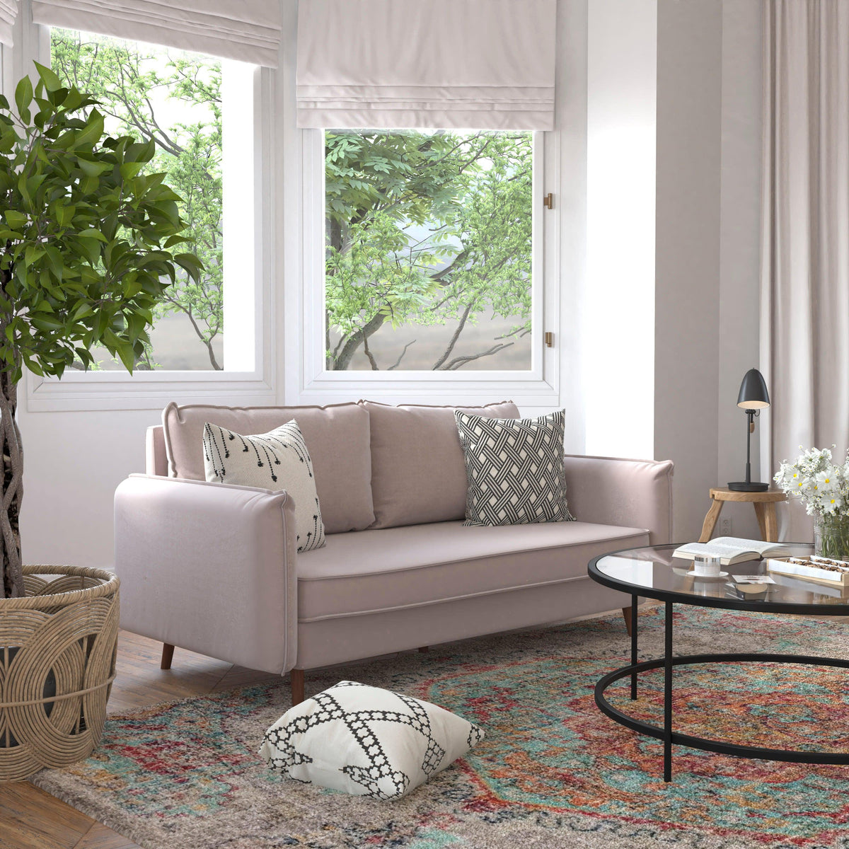 Taupe |#| Compact Taupe Faux Linen Upholstered Sofa with Wooden Legs
