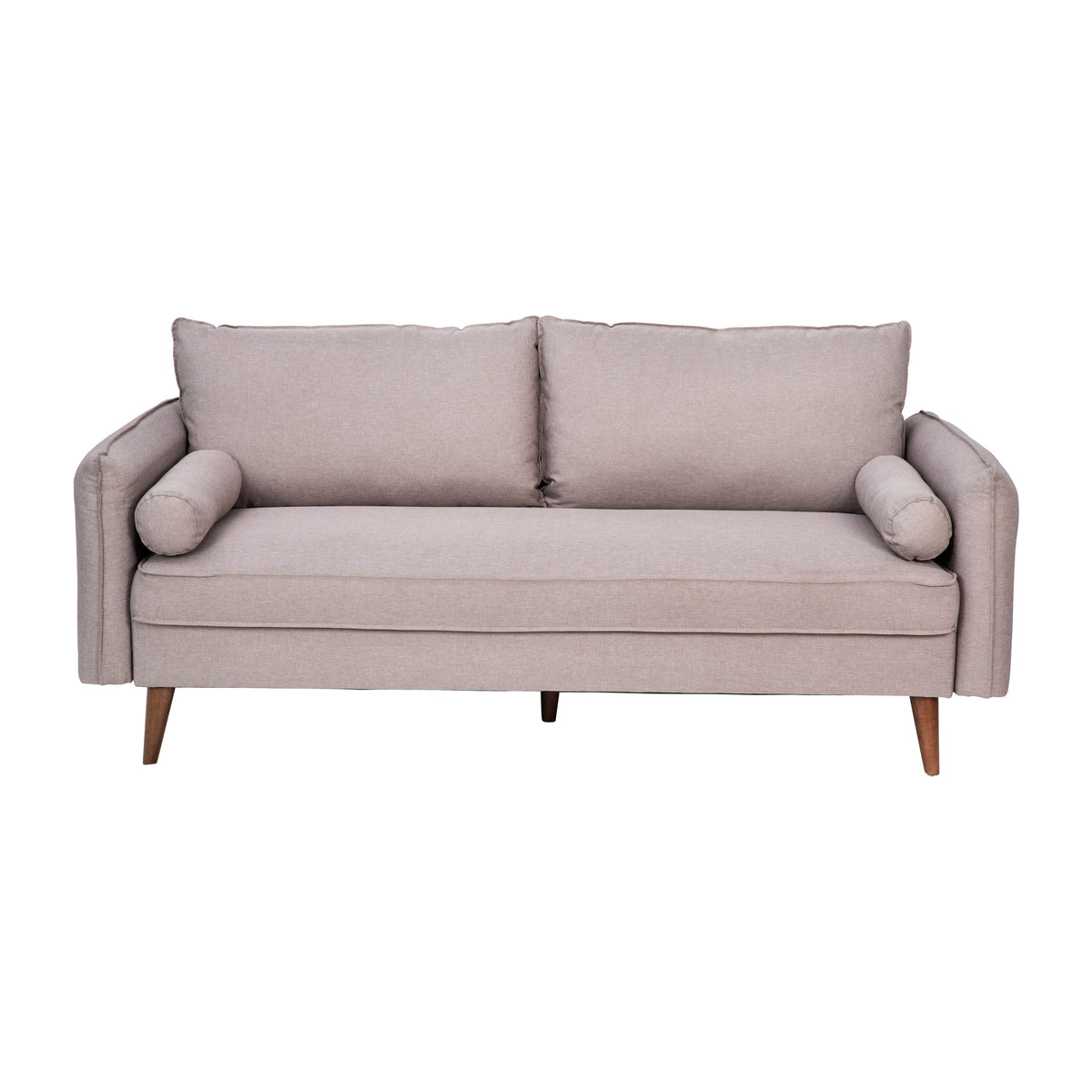 Taupe |#| Compact Taupe Faux Linen Upholstered Sofa with Wooden Legs