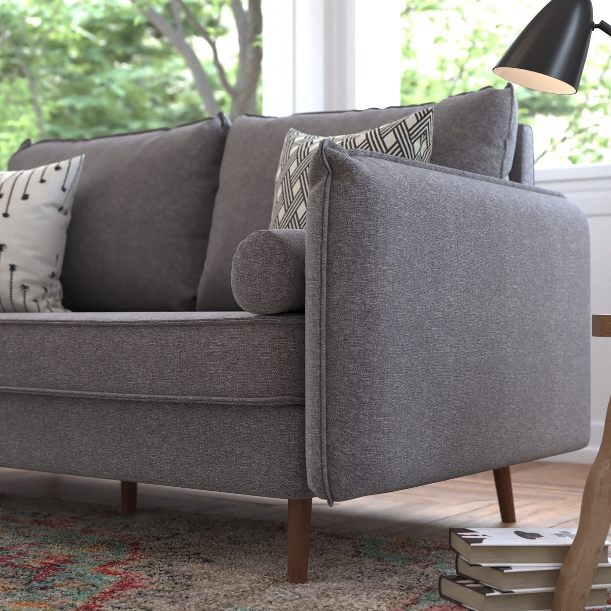 Stone Gray |#| Compact Stone Gray Faux Linen Upholstered Sofa with Wooden Legs