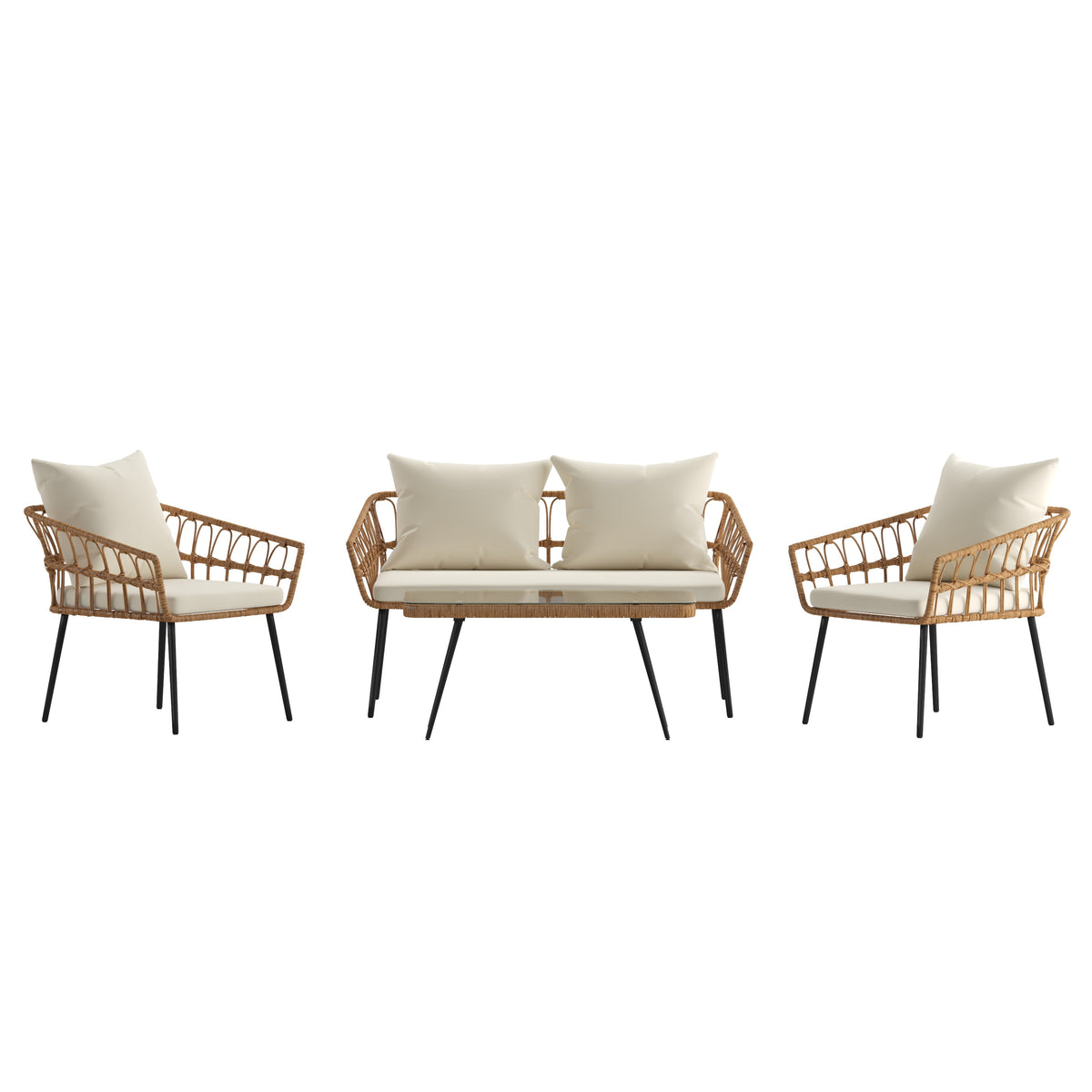 Cream Cushions/Natural Frame |#| All-Weather 4 Piece Rope Rattan Patio Seating Set with Cushions - Natural/Cream