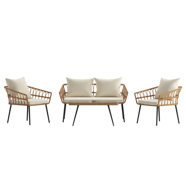 Cream Cushions/Natural Frame |#| All-Weather 4 Piece Rope Rattan Patio Seating Set with Cushions - Natural/Cream