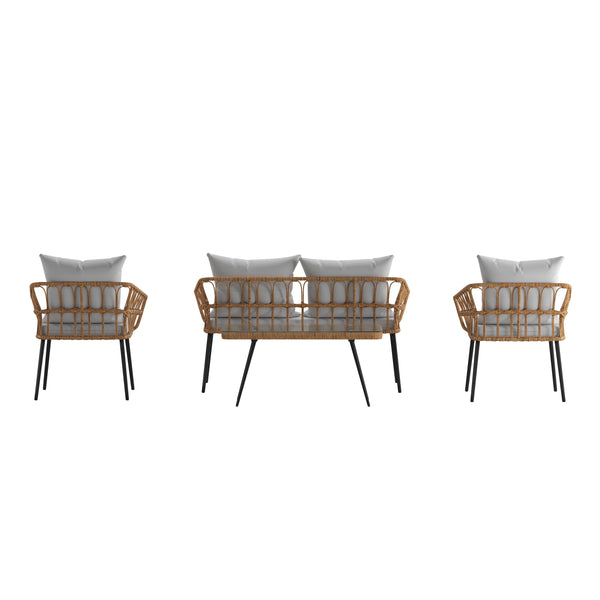 Gray Cushions/Natural Frame |#| All-Weather 4 Piece Rope Rattan Patio Seating Set with Cushions - Natural/Gray