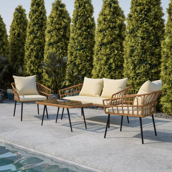 Cream Cushions/Natural Frame |#| All-Weather 4 Piece Rope Rattan Patio Seating Set with Cushions - Natural/Cream