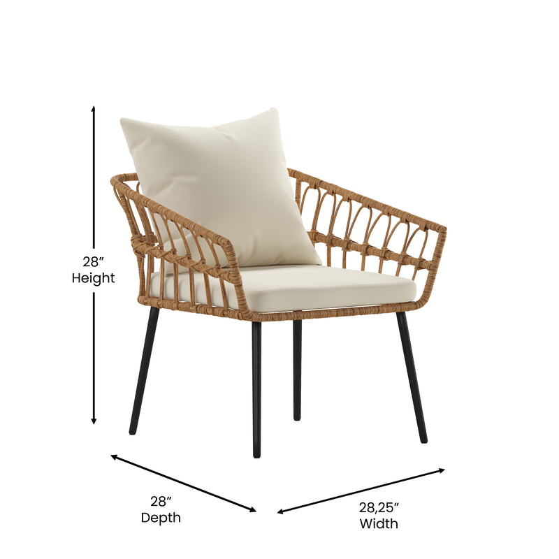 Cream Cushions/Natural Frame |#| All-Weather Natural PE Rattan Wicker Patio Chairs with Cream Cushions - 2 Pack