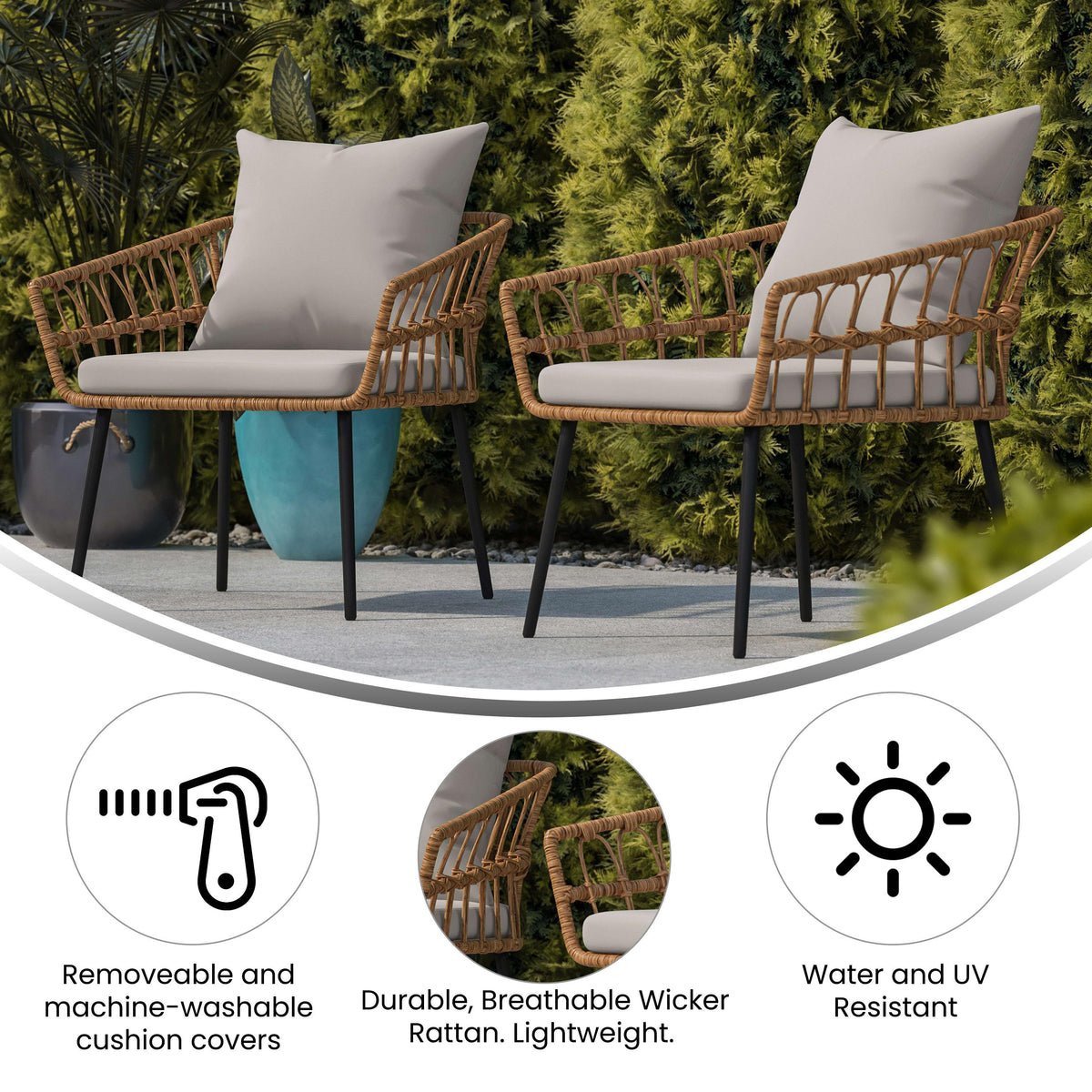 Gray Cushions/Natural Frame |#| All-Weather Natural PE Rattan Wicker Patio Chairs with Gray Cushions - 2 Pack