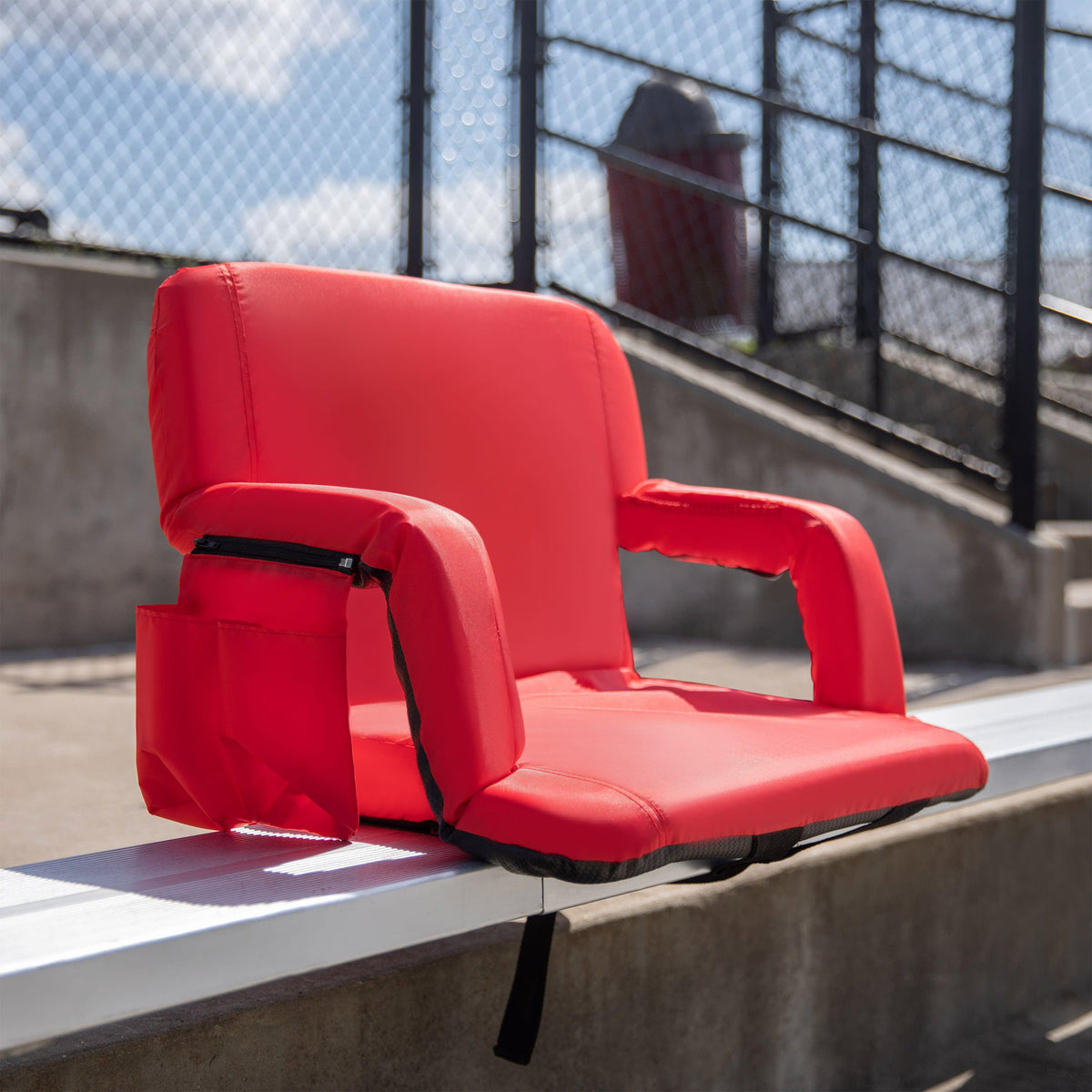 Red |#| Extra Wide Red Reclining Backpack Stadium Chair with Armrests & Storge Pockets