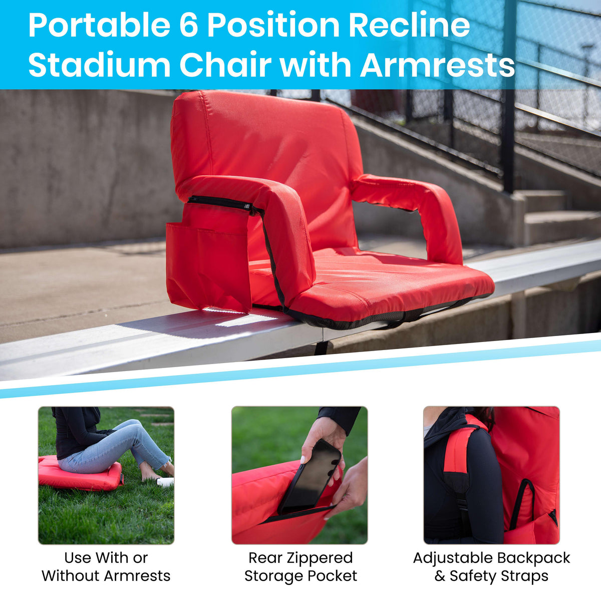 Red |#| Extra Wide Red Reclining Backpack Stadium Chair with Armrests & Storge Pockets