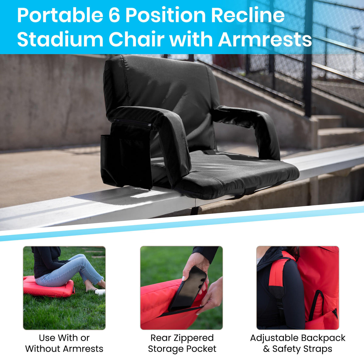 Black |#| Extra Wide Black Reclining Backpack Stadium Chair with Armrests & Storge Pockets