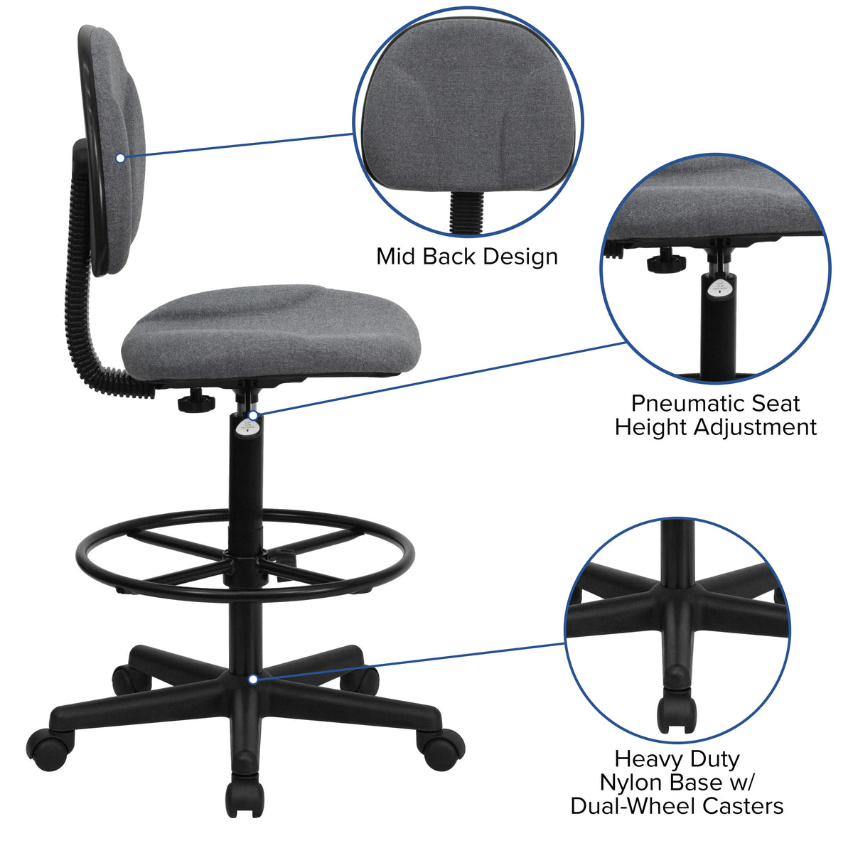 Gray |#| Gray Fabric Swivel Adjustable Drafting Chair - Home Office - Task Chair