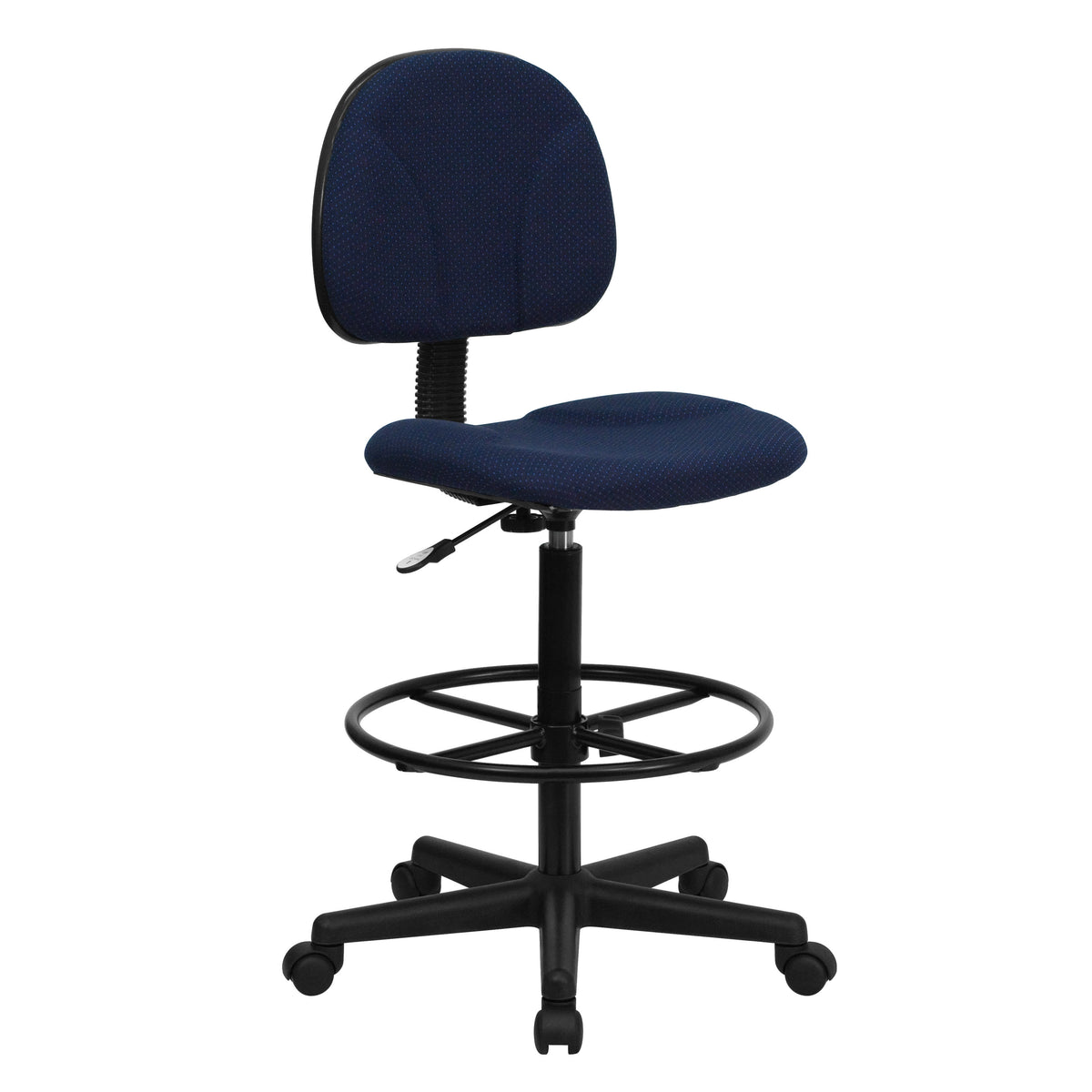 Navy Blue Patterned |#| Navy Blue Patterned Fabric Drafting Chair with Adjustable Height and Foot Ring