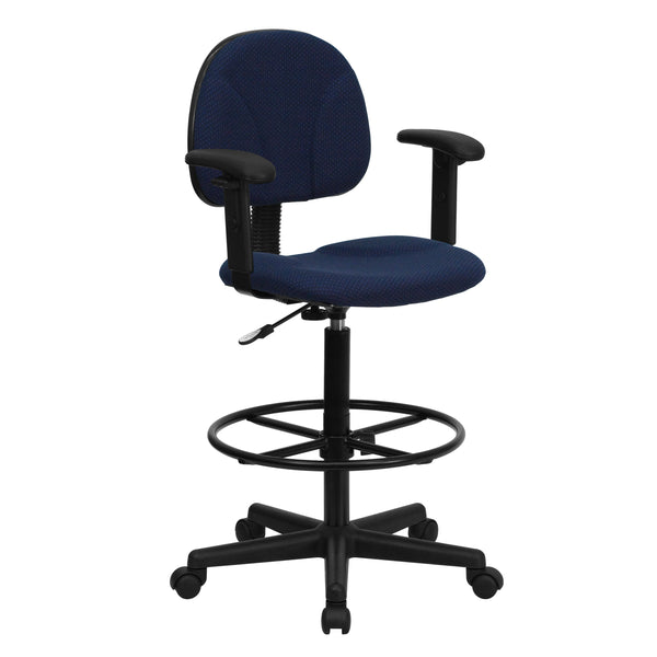 Navy Blue Patterned |#| Navy Blue Patterned Fabric Swivel Drafting Chair with Adjustable Height and Arms